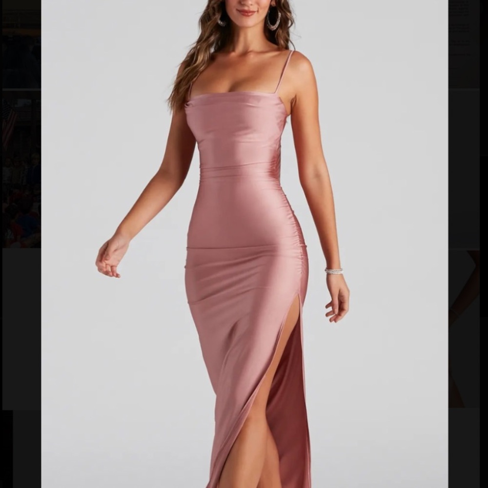 Elegant rose gold Windsor Satin Dress with slit